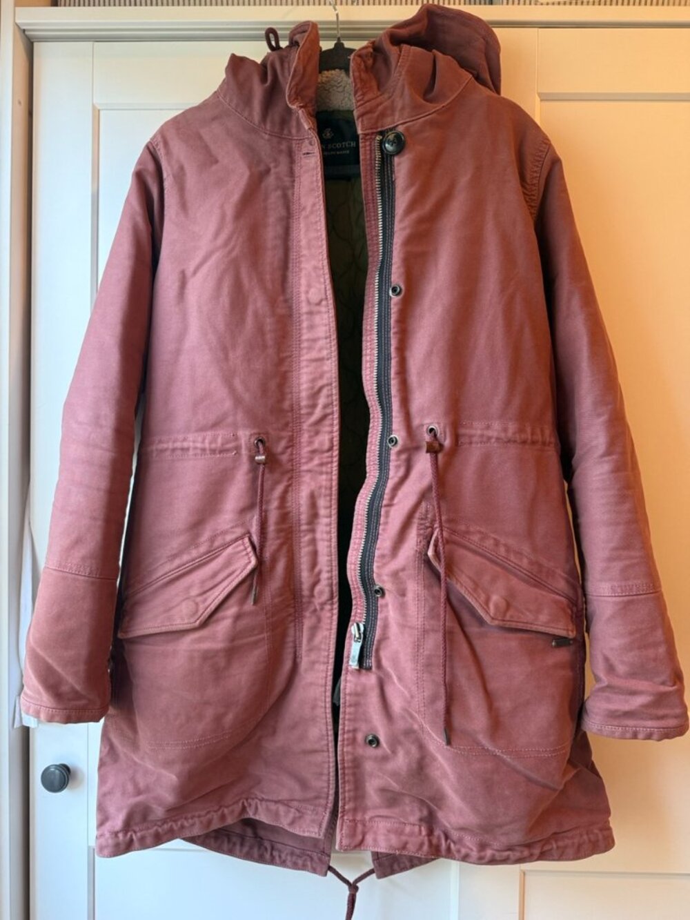 Maison Scotch La Femme Parka Coat Dusty Rose Size 2 Sherpa Lined Hood